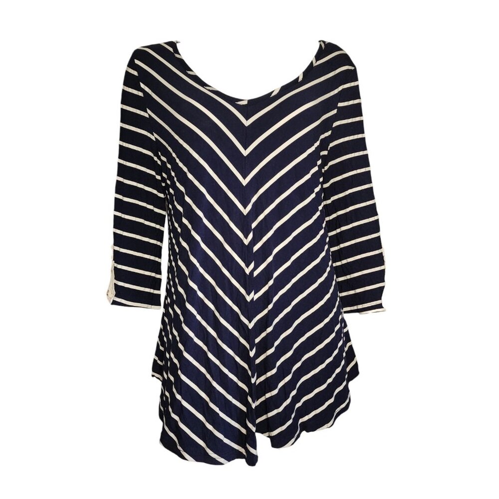 FRINGE Benefits Blue White Striped Lace Sleeve Detail Sleeve Top Womens Size 3X